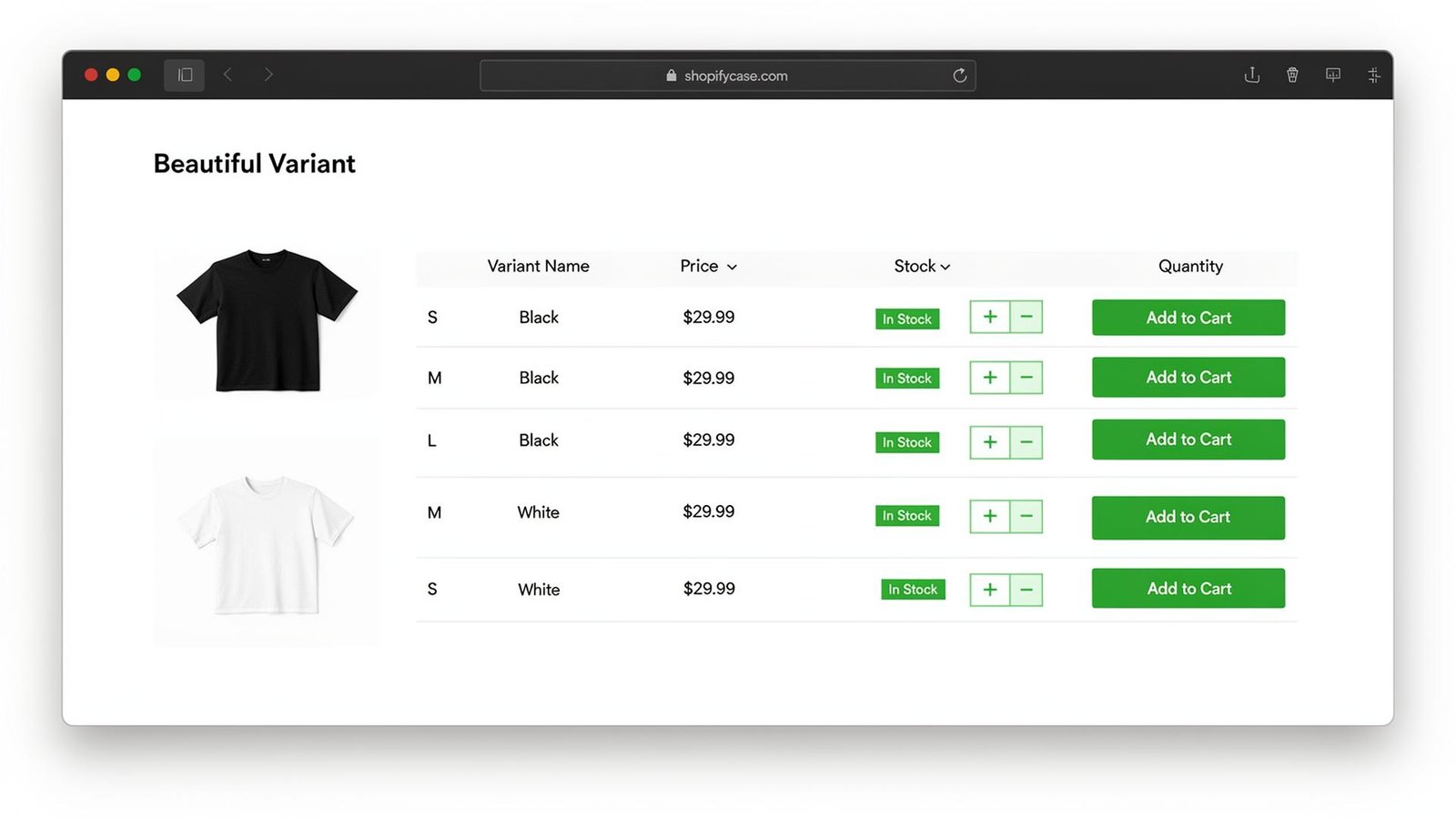 Smart Variant Table on a Shopify product page showing variant images, prices, stock, quantity selectors, and add-to-cart buttons